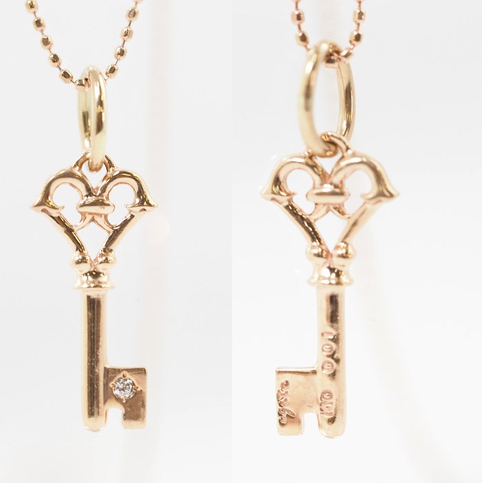 agete Agate K10 Pink Gold Key Charm Diamond 0.01ct Heart Motif Colored Stone Necklace