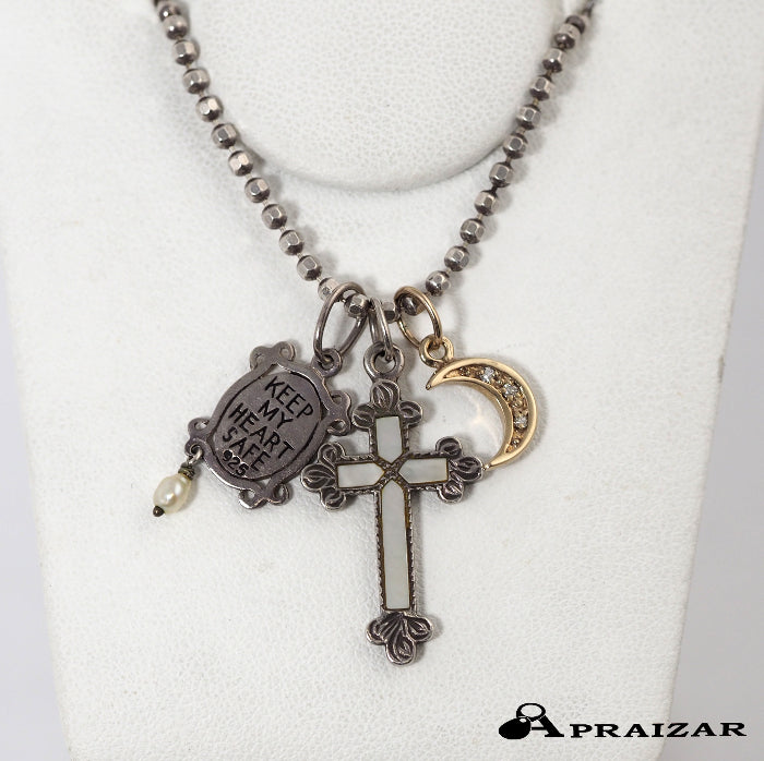 agete Agate K10YG/0.03ct Diamond Crescent Moon Silver/Shell Cross Silver/Pearl Plate Charm Necklace with Storage Bag