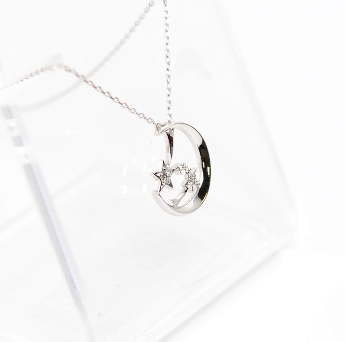 STAR JEWELRY スタージュエリー K18WG ダイヤ0.02ct MOON STAR 月 星 ダイヤ0.02ct ネックレス ケース付