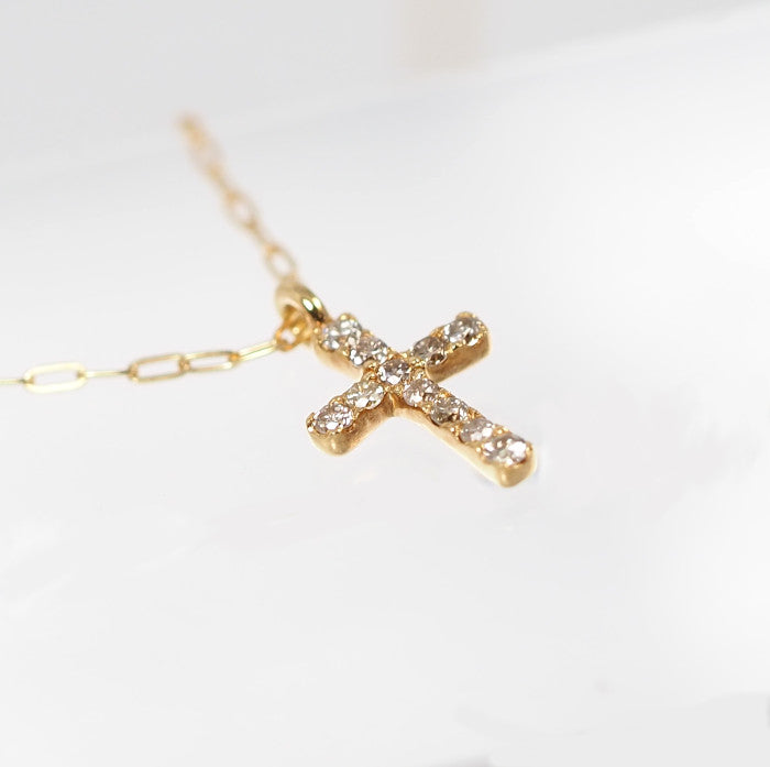 agete 18K Yellow Gold Diamond 0.05ct Cross Motif Necklace with Case
