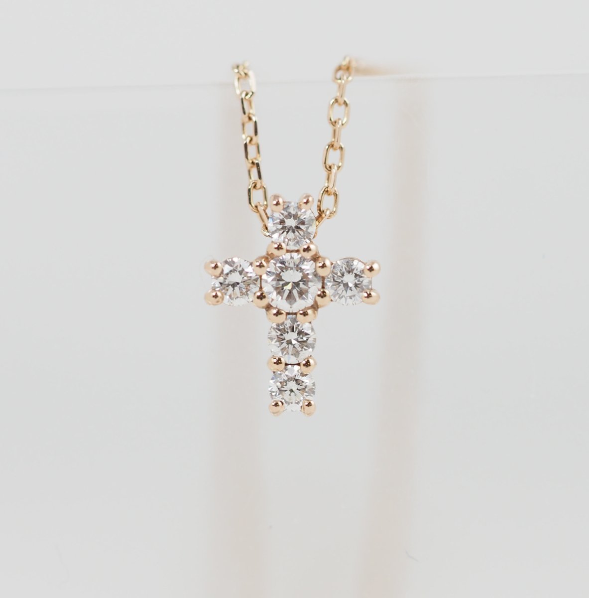 4℃ K18 pink gold diamond cross necklace with case