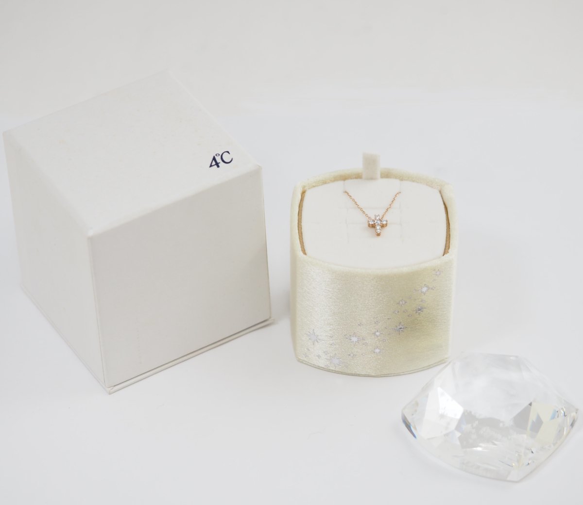 4℃ K18 pink gold diamond cross necklace with case