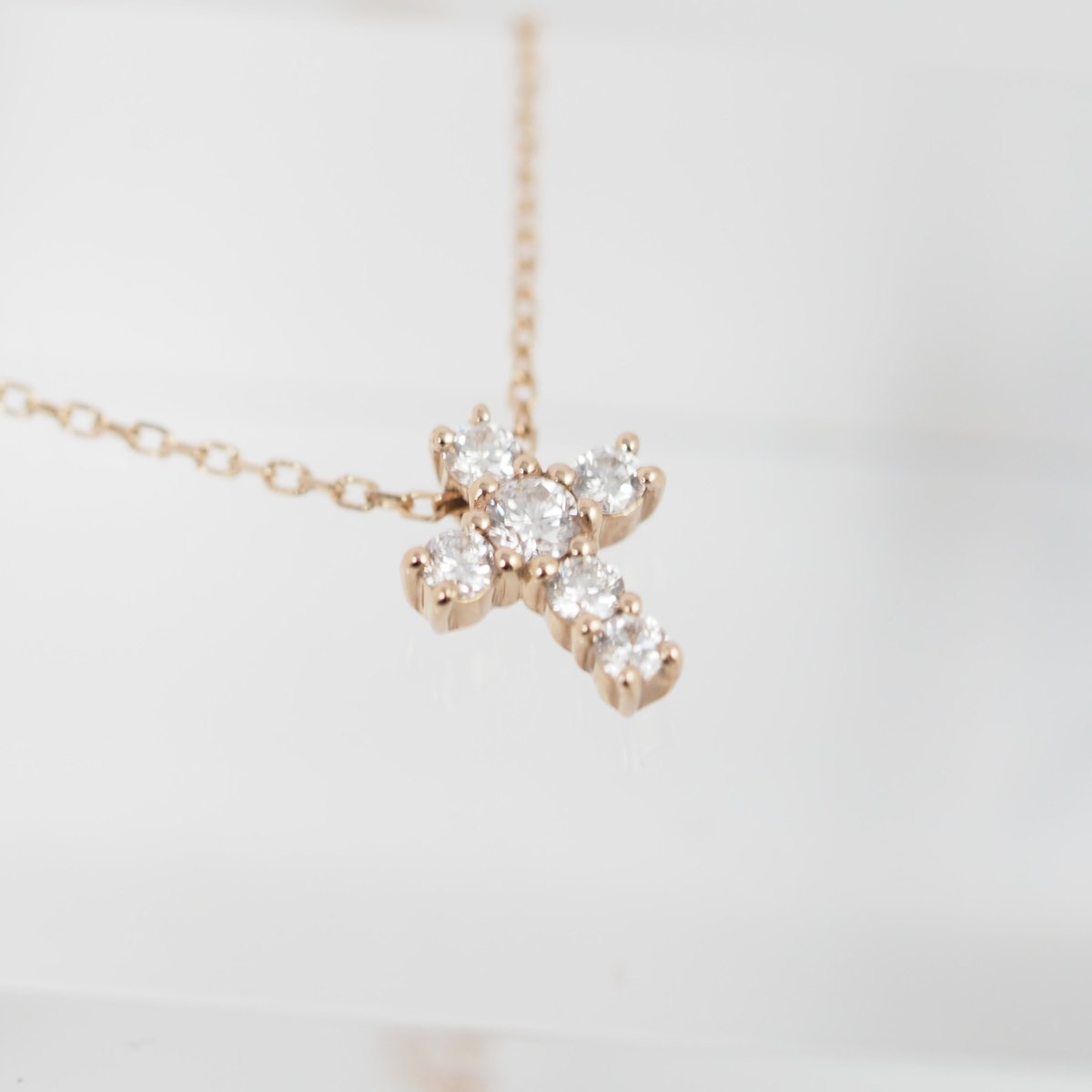 4℃ K18 pink gold diamond cross necklace with case