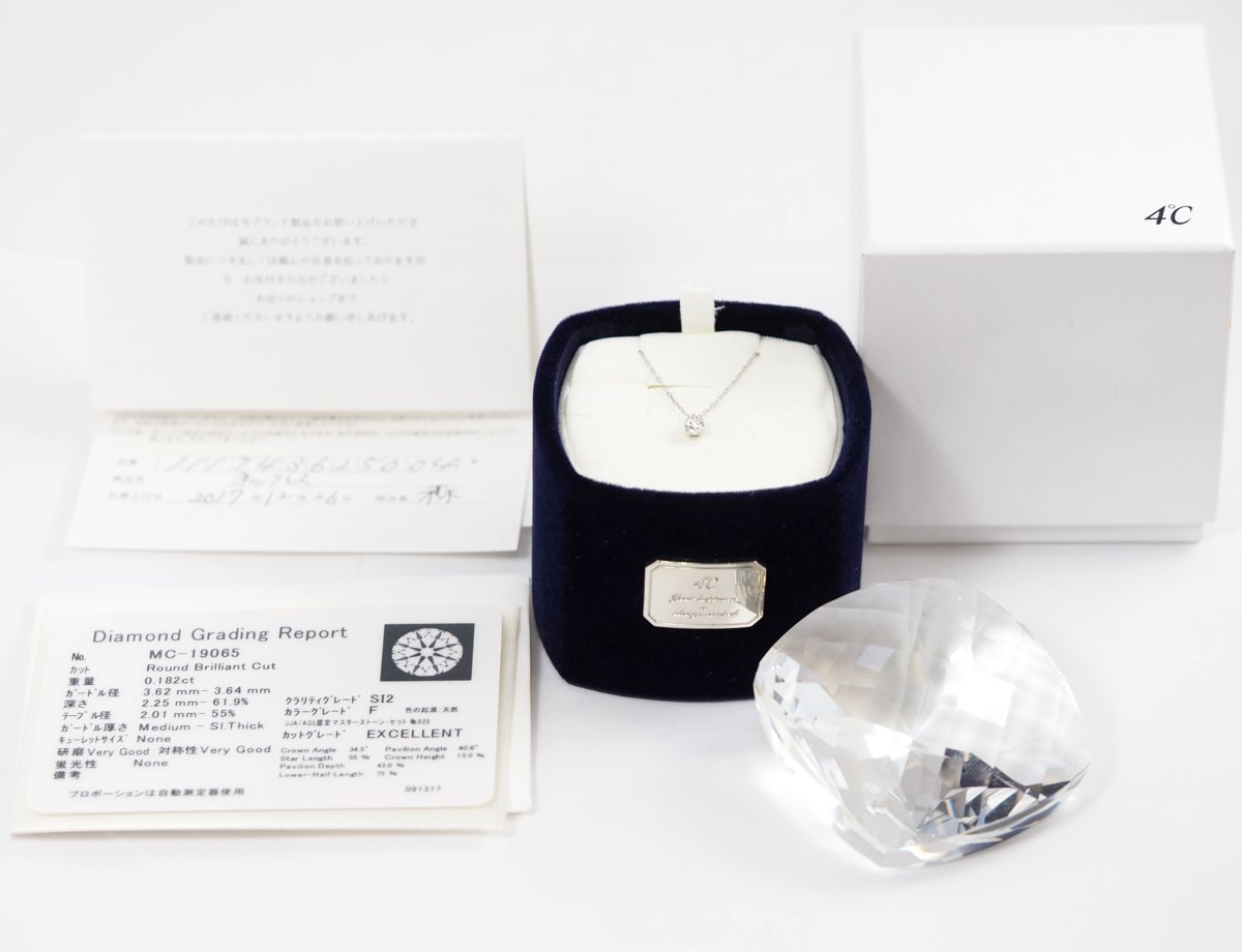 4℃ Pt850 1 diamond 0.182ct F-SI2-EX necklace with certificate of authenticity, warranty, and case