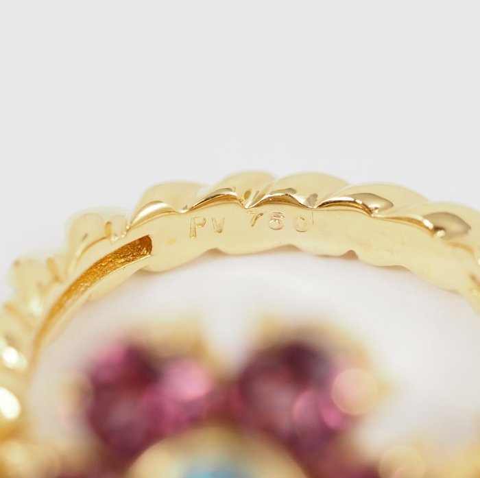 Ponte Vecchio K18YG Blue Topaz/Tourmaline 3.20ct Flower Ring No. 9