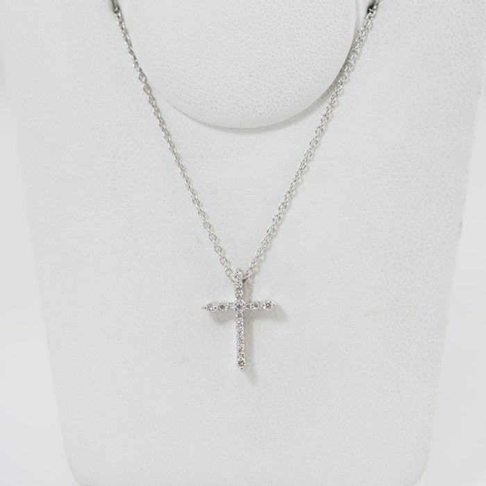 Ponte Vecchio K18 white gold diamond 0.14ct cross necklace with official warranty and storage bag