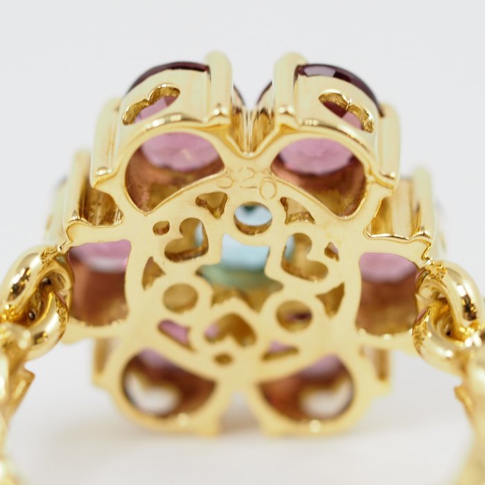 Ponte Vecchio K18YG Blue Topaz/Tourmaline 3.20ct Flower Ring No. 9