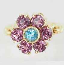 Ponte Vecchio K18YG Blue Topaz/Tourmaline 3.20ct Flower Ring No. 9