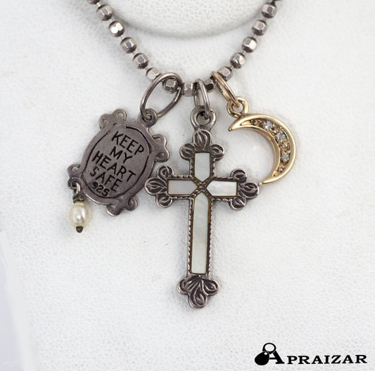 agete Agate K10YG/0.03ct Diamond Crescent Moon Silver/Shell Cross Silver/Pearl Plate Charm Necklace with Storage Bag