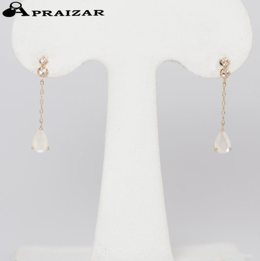 4℃ K10 Yellow Gold Moonstone and Clear Stone Chain Earrings