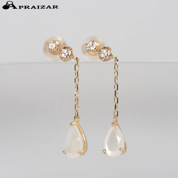 4℃ K10 Yellow Gold Moonstone and Clear Stone Chain Earrings