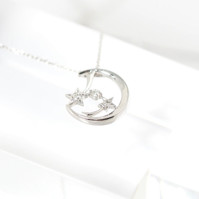 STAR JEWELRY スタージュエリー K18WG ダイヤ0.02ct MOON STAR 月 星 ダイヤ0.02ct ネックレス ケース付