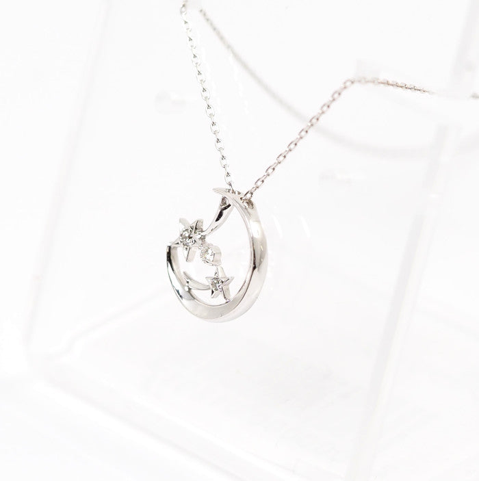 STAR JEWELRY スタージュエリー K18WG ダイヤ0.02ct MOON STAR 月 星 ダイヤ0.02ct ネックレス ケース付
