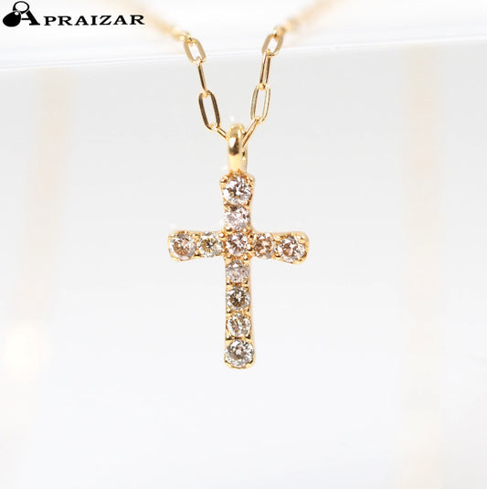agete 18K Yellow Gold Diamond 0.05ct Cross Motif Necklace with Case