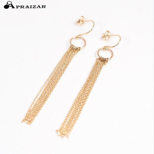COCOSHNIK K10 Yellow Gold Fringe Long Chain Hook Earrings with Case