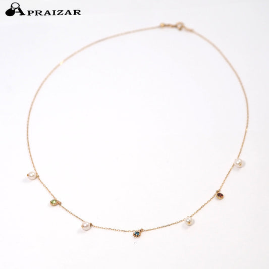 STAR JEWELRY K10 Yellow Gold Blue Topaz Pearl Colored Stone Necklace