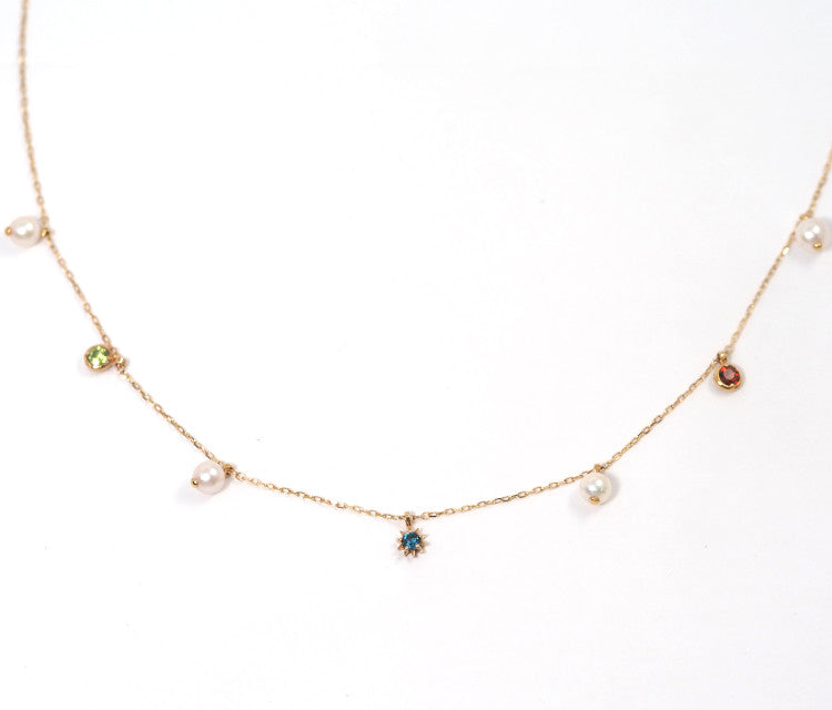 STAR JEWELRY K10 Yellow Gold Blue Topaz Pearl Colored Stone Necklace